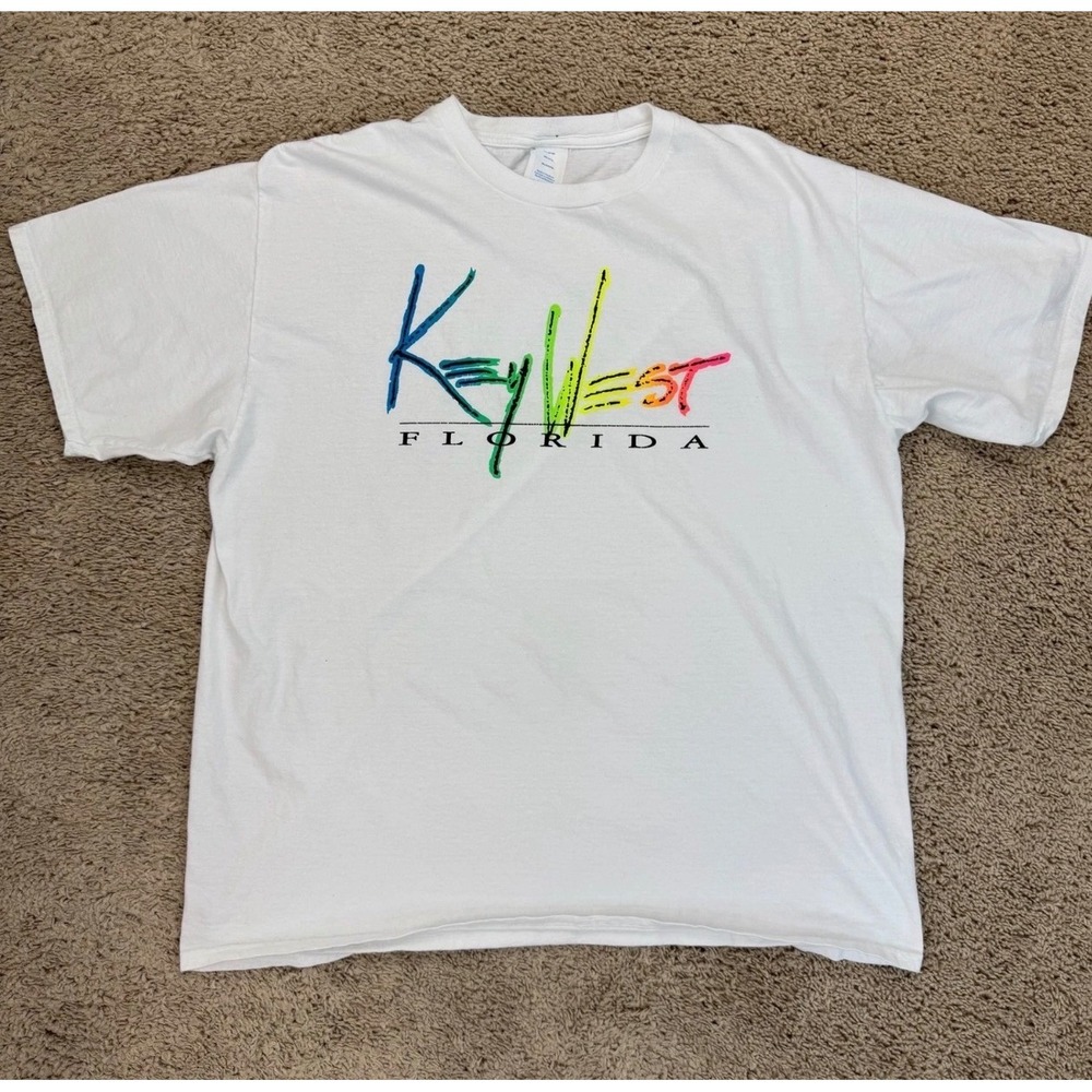 Key West Florida Graphic T-Shirt Mens XL White Neon Spellout Cotton Souvenir Tee